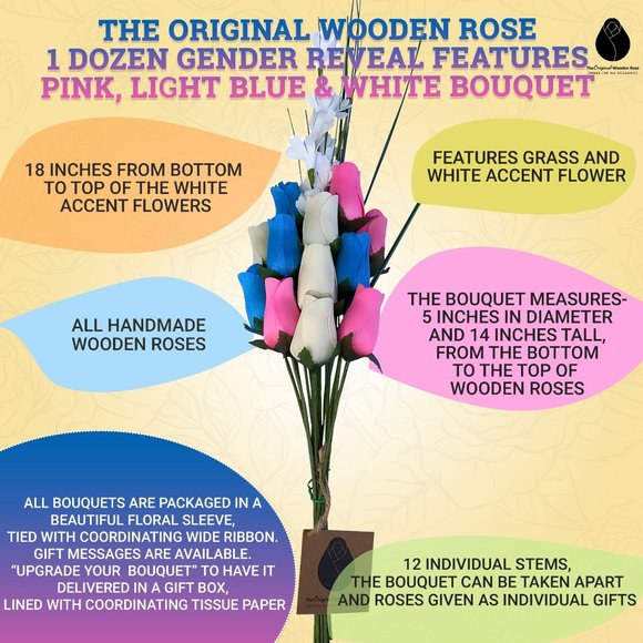 1 Dozen Gender Reveal Wooden Rose Flower Bouquet. The Original Wooden Rose - Picture 3 of 9